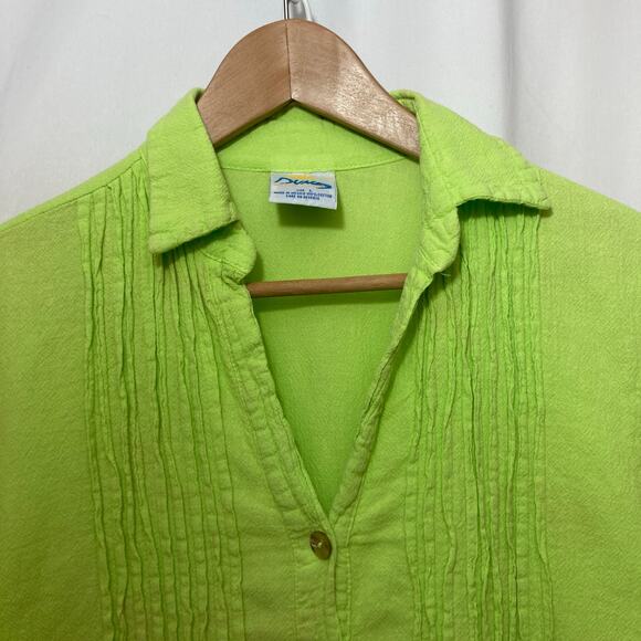 Vintage Dunes Lime Green Shell Buttons Long Shirt Textured Button Up Blouse Top - Picture 3 of 8